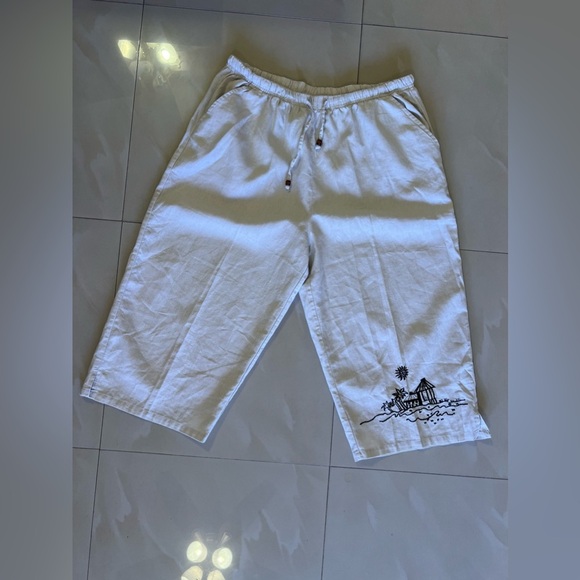 Palm Grove Women's  2X  Beige Palm Flower Printed Pull On Cropped Pants Wide Leg - Picture 14 of 16